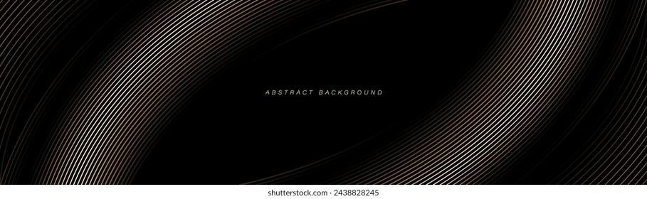 Black abstract background with glowing gold curve lines. Modern shiny golden lines pattern. Luxury style. Horizontal banner template with space for your text. Vector illustration