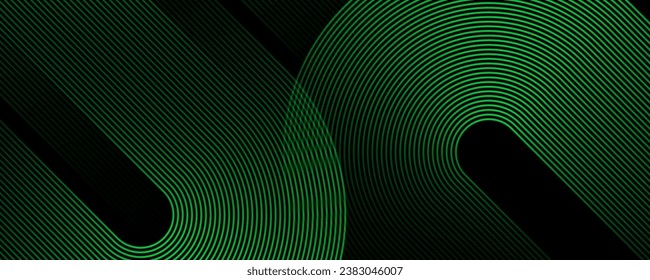 Black abstract background with glowing green geometric lines. Modern shiny green diagonal rounded lines pattern. Futuristic concept. Suit for poster, banner, brochure, card, corporate, cover, website