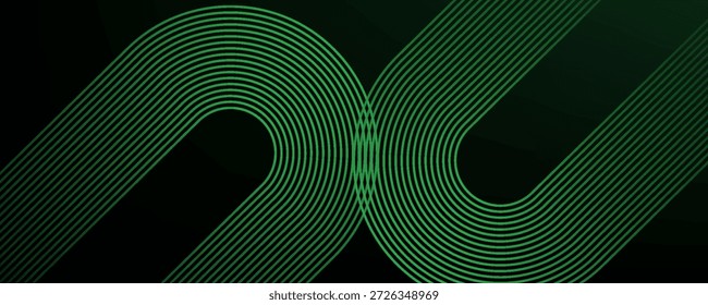Schwarzer abstrakter Hintergrund mit leuchtend grünen geometrischen Linien. Modernes glänzendes, grünes, diagonales, abgerundetes Linienmuster. Futuristisches Konzept. Anzug für Poster, Banner, Broschüre, Karte, Unternehmen, Umschlag, Website