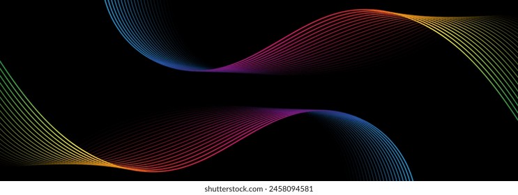 Fondo abstracto negro con un patrón de onda de arco iris brillante, curvas suaves que fluyen luz de gradiente dinámico. Ilustración vectorial de los conceptos de tecnología digital, comunicación, ecualizador de música
