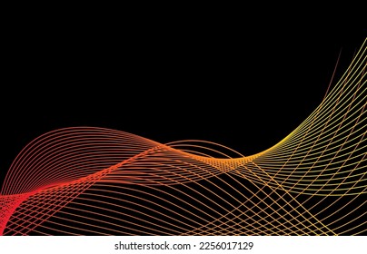 Fondo abstracto negro con onda brillante. Elemento de diseño de líneas móviles brillantes. Gradiente moderno rojo y amarillo que fluye las líneas de onda. Ilustración del vector