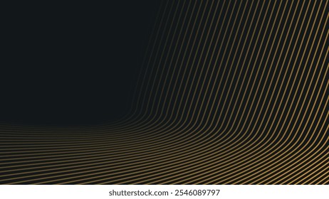 Fundo abstrato preto com linhas de curva de ouro para fundo ou apresentação