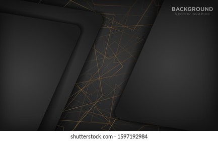 Black abstract background with gold lines. Modern technology concept. Vector illustration.