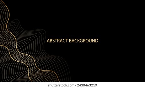 Black abstract background with gold wavy lines. Modern geometric pattern. Shiny poster or web banner template. Blended lines	