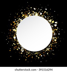 Black abstract background with golden confetti. Vector illustration.