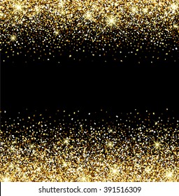 Black abstract background with golden confetti. Vector illustration.