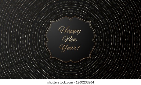 Black abstract background with golden text and frame. Greeting 

design for the new year 2019 and Christmas. Vector 

illustration.