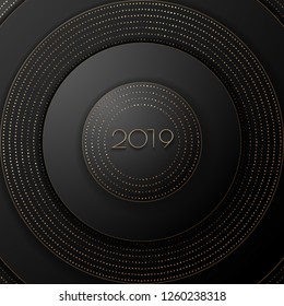 Black abstract background with golden text. Greeting 

design for the new year 2019 and Christmas. Vector 

illustration.