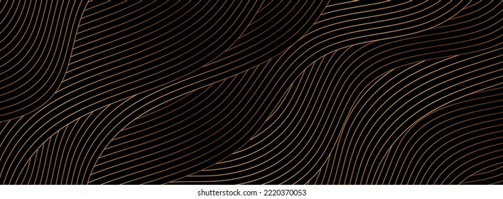 Black abstract background with golden wavy pattern. Art deco ornament vector banner design