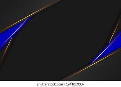 Schwarzer abstrakter Hintergrund mit grauen und blauen geometrischen Formen, die mit goldenen Linien geschnitten sind. Moderner Vektorgrafik-Hintergrund