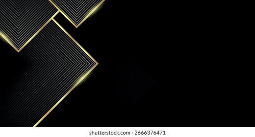 Fondo abstracto negro con decoración de efecto de rayas grises y líneas diagonales de oro brillante. Concepto de Vector de lujo para Anuncios de Web, volantes, tarjetas o cubiertas de folletos. Eps. 3.