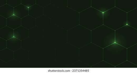 Black abstract background and green hexagon, green light small ball