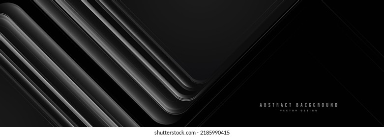 Black abstract background with black and grey gradient geometric square overlay layer. 3D modern luxury black banner template design. Black shiny metal texture. Vector illustration