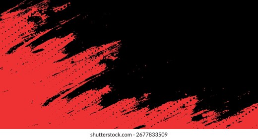 Fondo abstracto negro con patrón de punto rojo semitono y textura grunge degradado negro. Ilustración vectorial de estilo deportivo cómico de línea punteada.