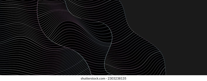 Black abstract background with holographic refracted wavy pattern. Art deco ornament vector banner design