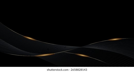 Fundo abstrato preto com linhas curvas douradas luxuosas e elegantes. Ilustração vetorial. Vol. 2