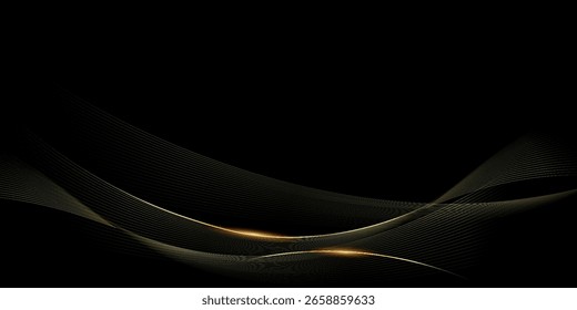 Fondo abstracto negro con líneas curvas doradas lujosas y elegantes. Ilustración vectorial. Volumen 4