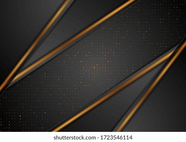 Black abstract background with luxury bronze dots and smooth stripes. Geometric corporate vector design