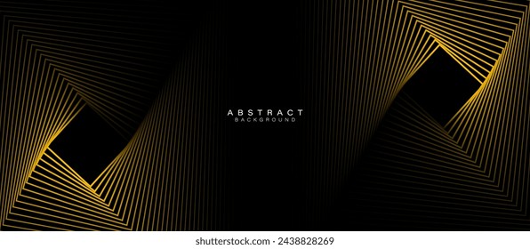 Fondo abstracto negro. Modernas líneas de forma geométrica de color amarillo brillante. Líneas de movimiento. Espiral cuadrada. Geometría de moda. Patrón lineal. Traje para el banner, fondo, cubierta, flyer, sitio web, póster