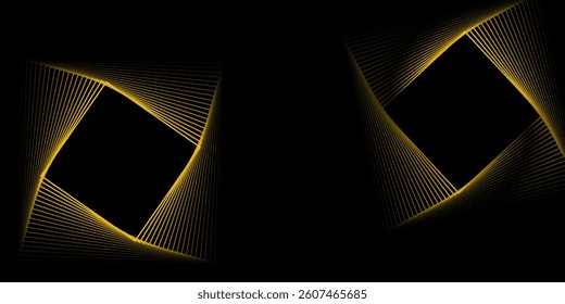 Black abstract background. Modern glowing yellow geometric shape lines. Motion lines. Spiral square. Trendy geometry. Linear pattern. Suit for banner, backdrop, cover, flyer, website, poster