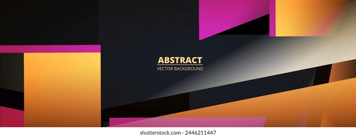 Fondo abstracto negro con Formas geométricas naranja y rosa. Ilustración vectorial moderna amplia Diseño gráfico de Anuncio. templete.