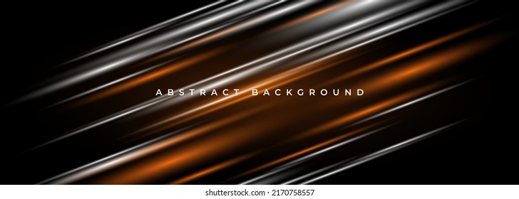 Black abstract background with orange and white stripes. Modern dark wide abstract banner design. Vector illustration