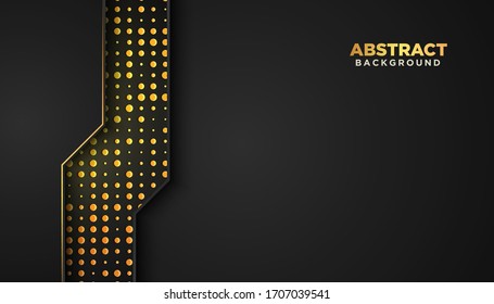 Black abstract background with overlap layers. Luxury design concept with golden glitters elements