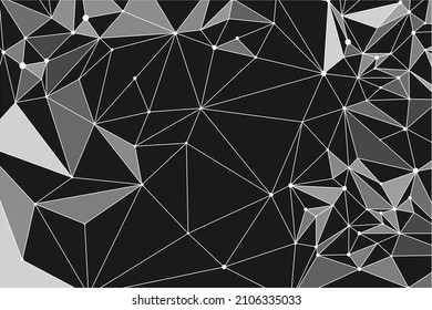 Black abstract background with plexus lines and nodes. White triangles particles on dark network space.