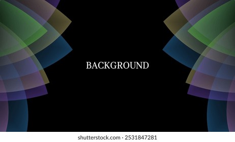 Black abstract background with purple, blue, pink, green and yellow gradient pattern. Curtains or wings shape