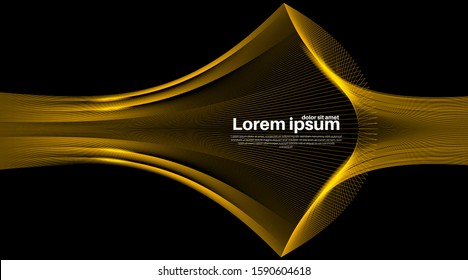 Black abstract background. Realistic gold wave lines with shadows.Vector Illustration For Wallpaper, Banner, Background, Card, landing page , etc