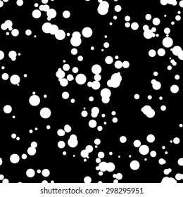 Black abstract background with seamless random white circles, dots, film grain, noise, dotwork, grunge texture for design concepts, banners, posters, web, presentations and prints. Vector illustration