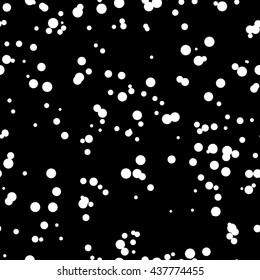 Black abstract background with seamless random white circles, dots, film grain, noise, dotwork, grunge texture for design concepts, banners, posters, web, presentations and prints. Vector illustration