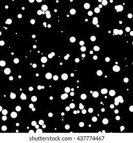 Black abstract background with seamless random white circles, dots, film grain, noise, dotwork, grunge texture for design concepts, banners, posters, web, presentations and prints. Vector illustration