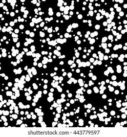 Black abstract background with seamless random white circles, dots, film grain, noise, dotwork, grunge texture for design concepts, banners, posters, web, presentations and prints. Vector illustration