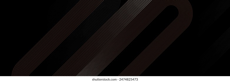 Black abstract background with shining golden geometric lines. Luxurious dark diagonal rounded lines pattern. Elegant design. Suitable for headers, covers, websites, banners, vector.