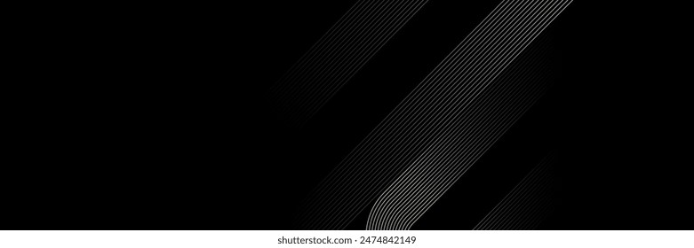 Black abstract background with shining golden geometric lines. Luxurious dark diagonal rounded lines pattern. Elegant design. eps10.