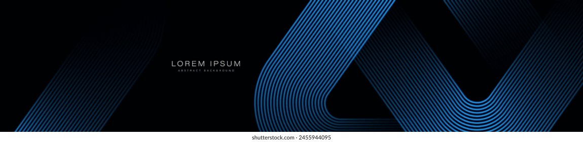 Black abstract background. Shiny blue geometric lines pattern. Modern graphic design element. Futuristic concept. Horizontal banner template with space for your text. Vector illustration