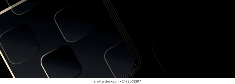 Black abstract background with shiny gold line elements. Luxurious dark gradient square shape. Elegant geometric design. Modern concept. vector.