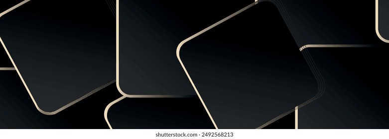 Black abstract background with shiny gold line elements. Luxurious dark gradient square shape. Elegant geometric design. Modern concept. vector.