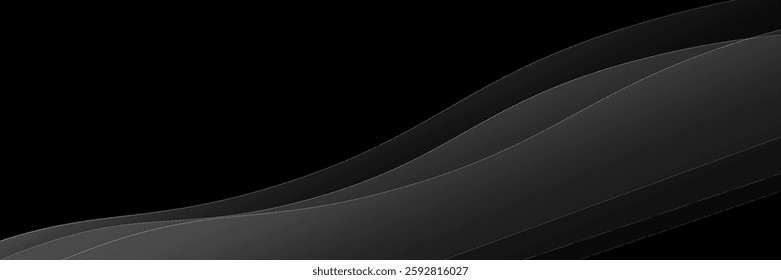 black abstract background. Smooth curve shape graphic. Elegant clean soft texture. Modern design. Suitable for covers, headers, brochures, posters, banners, websites, presentations, wallpapers