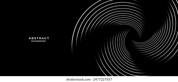 Black abstract background with spiral circle lines, technology futuristic template. Vector illustration.