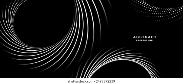 Black abstract background with spiral circle lines, technology futuristic template. Vector illustration.