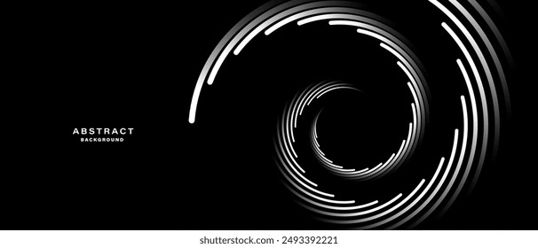 Black abstract background with spiral circle lines, technology futuristic template. Vector illustration.