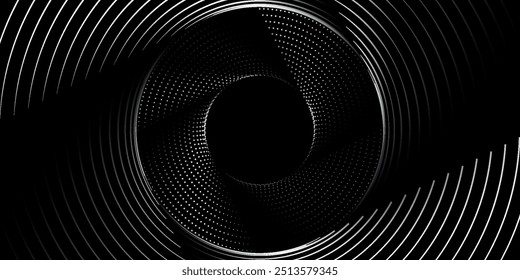 Black abstract background with spiral circle lines, technology futuristic template. Vector illustration.
