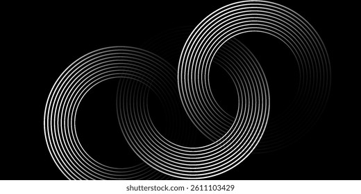 Black abstract background with spiral circle lines, technology futuristic template. Vector illustration.