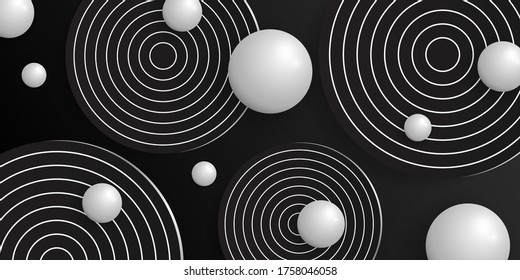 Black abstract background. Template in realistic style with circles and white spheres. Vector illustration balls 3D. Horizontal banner.