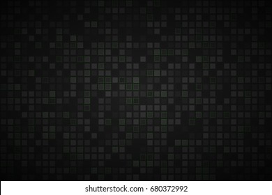 Black abstract background with transparent squares nad green frames, vector illustration