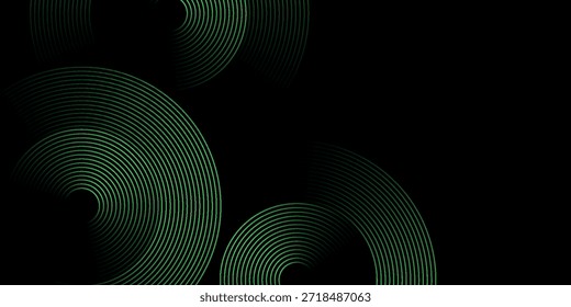 Fondo abstracto negro con diseño de líneas de círculo brillante de moda. Concepto moderno de líneas circulares verdes brillantes para carteles, cubiertas, Anuncios, folletos, Sitios web. VOL. 3