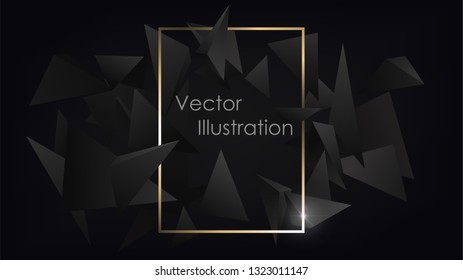 Black abstract background with triangles, golden frame, poster