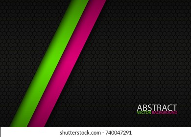 Black abstract background with two bright stripes and hexagonal patern, pink and green oblique lines, modern vector background